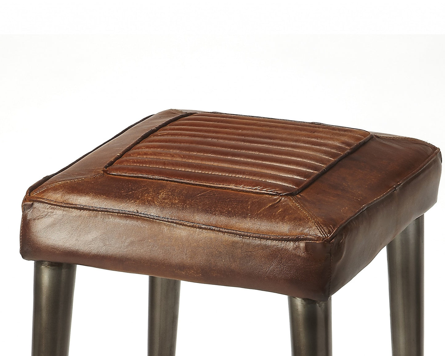 Brown Leather Iron Counter Height Bar Stool